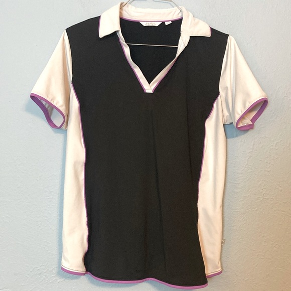 Lady Hagen Womens Size M Golf Polo Shirt Black White Colorblock Purple Trim - Picture 1 of 11